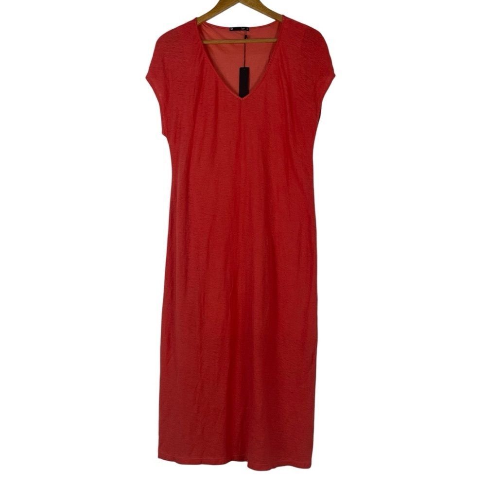 Krisa Linen Maxi Dress Size M V-Neck No Slit Cap‎ Sleeves Boho Beachy Stretch